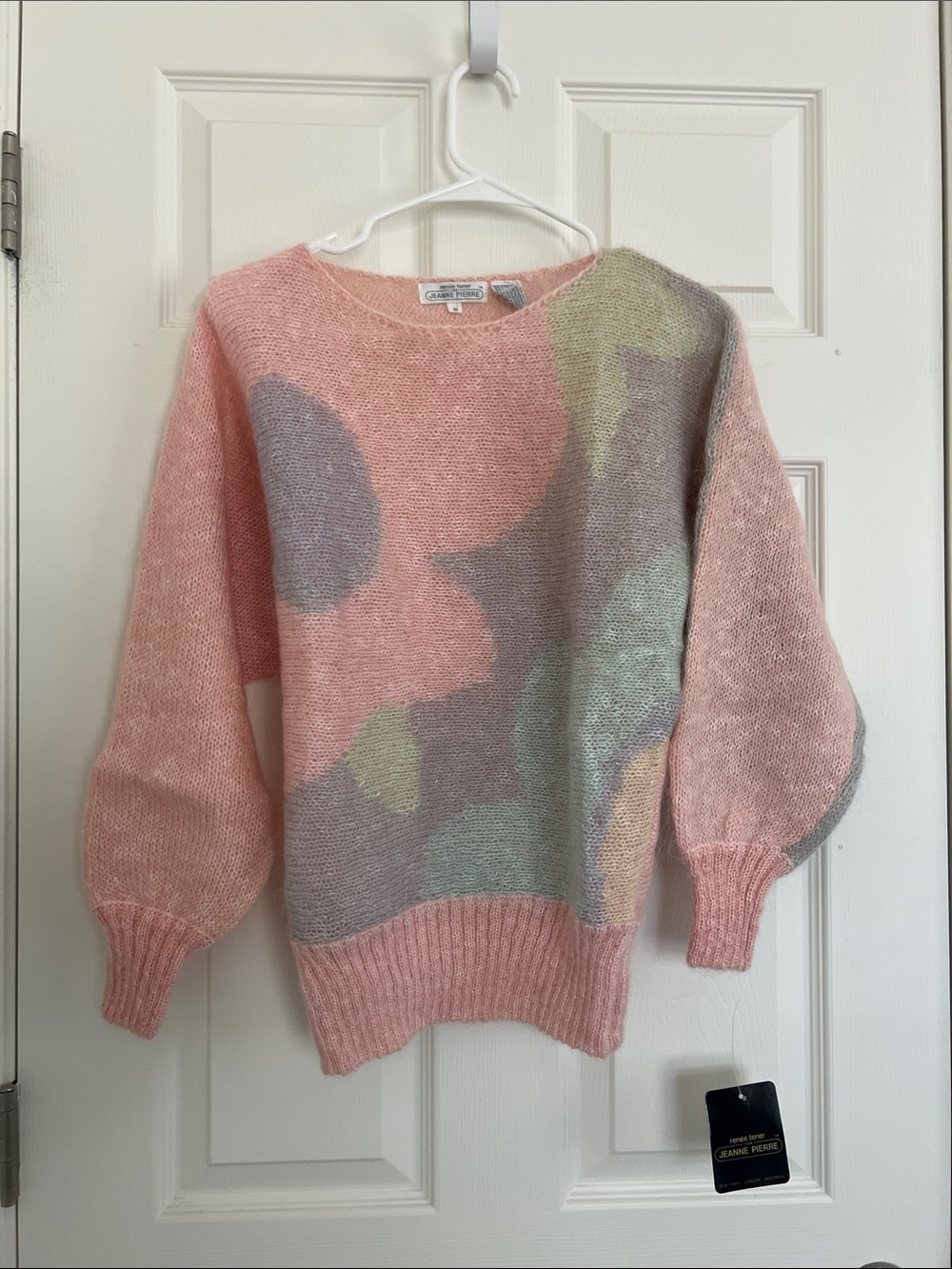 NWT Vintage JEANNE PIERRE Pastel Pink Multicolor Abstract Knit Sweater